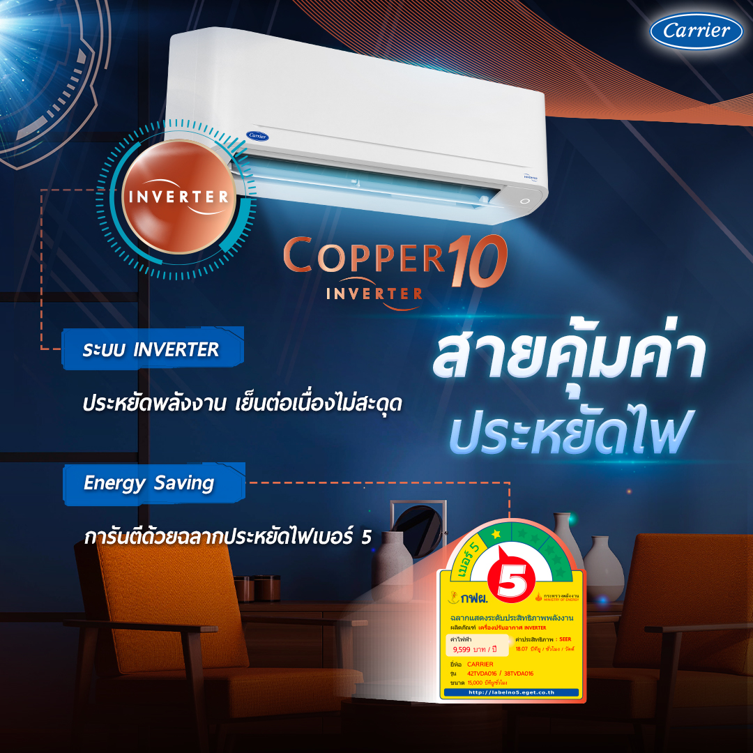 แอร์ CARRIER INVERTER รุ่น COPPER10 (TVDA-A Series) น้ำยา R32 รุ่นใหม่ล่าสุด ปี 2025 รับประกันอะไหล่ 5 ปี คอมเพลสเซอร์ 10 ปี