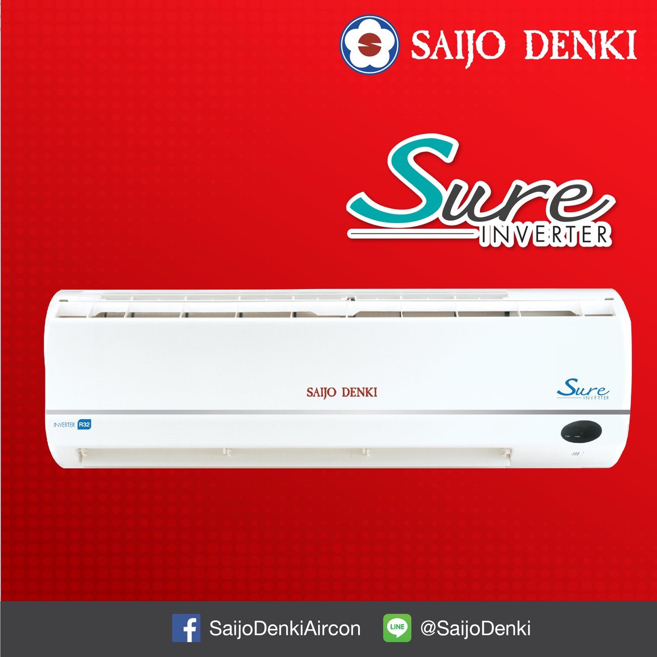 แอร์ SAIJO DENKI INVERTER SURE รุ่นใหม่ล่าสุด น้ำยาR32 รับประกันอะไหล่ 5 ปี คอม 5 ปี