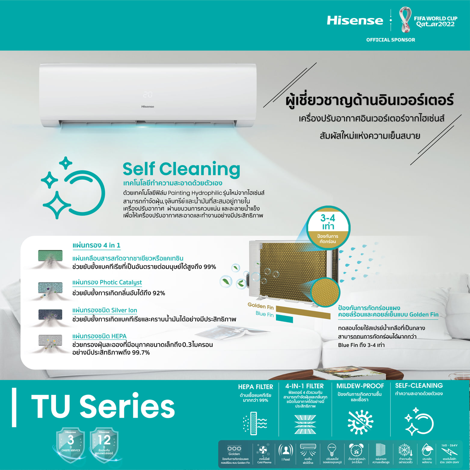 แอร์ Hisense Inverter รุ่น TU series น้ำยาR32 รุ่นใหม่ล่าสุดปี 2024 รับประกันอะไหล่ 3 ปี คอมเพลสเซอร์ 12ปี ฟรีค่าแรง 3 ปี คอยล์ทองแดง100%