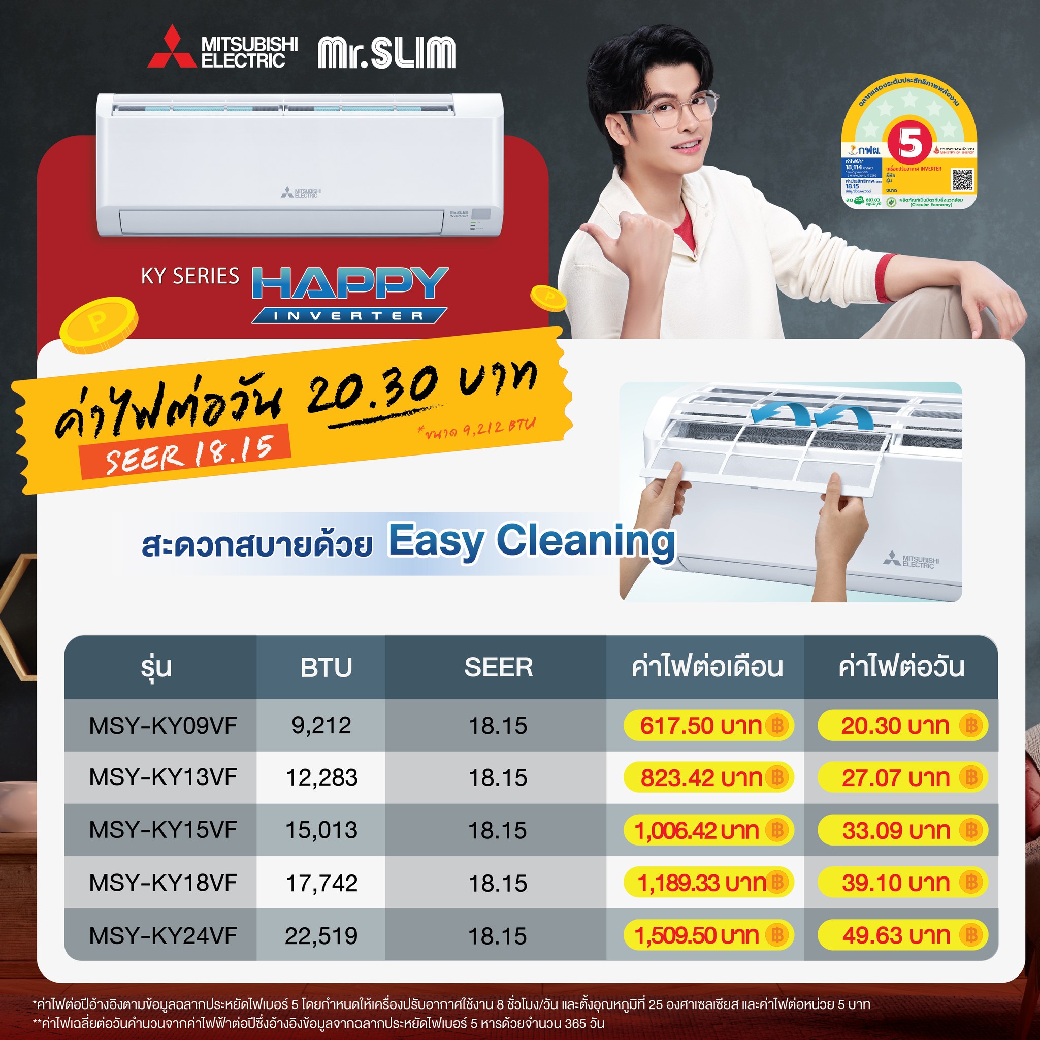 แอร์ MITSUBISHI HAPPY INVERTER รุ่น KY Series แอร์ใหม่ล่าสุดปี 2025 น้ำยาR32 รับประกันอะไหล่ 1 ปี คอมเพลสเซอร์ 5 ปี รับประกันราคาถูกที่สุดในเขตกรุงเทพ