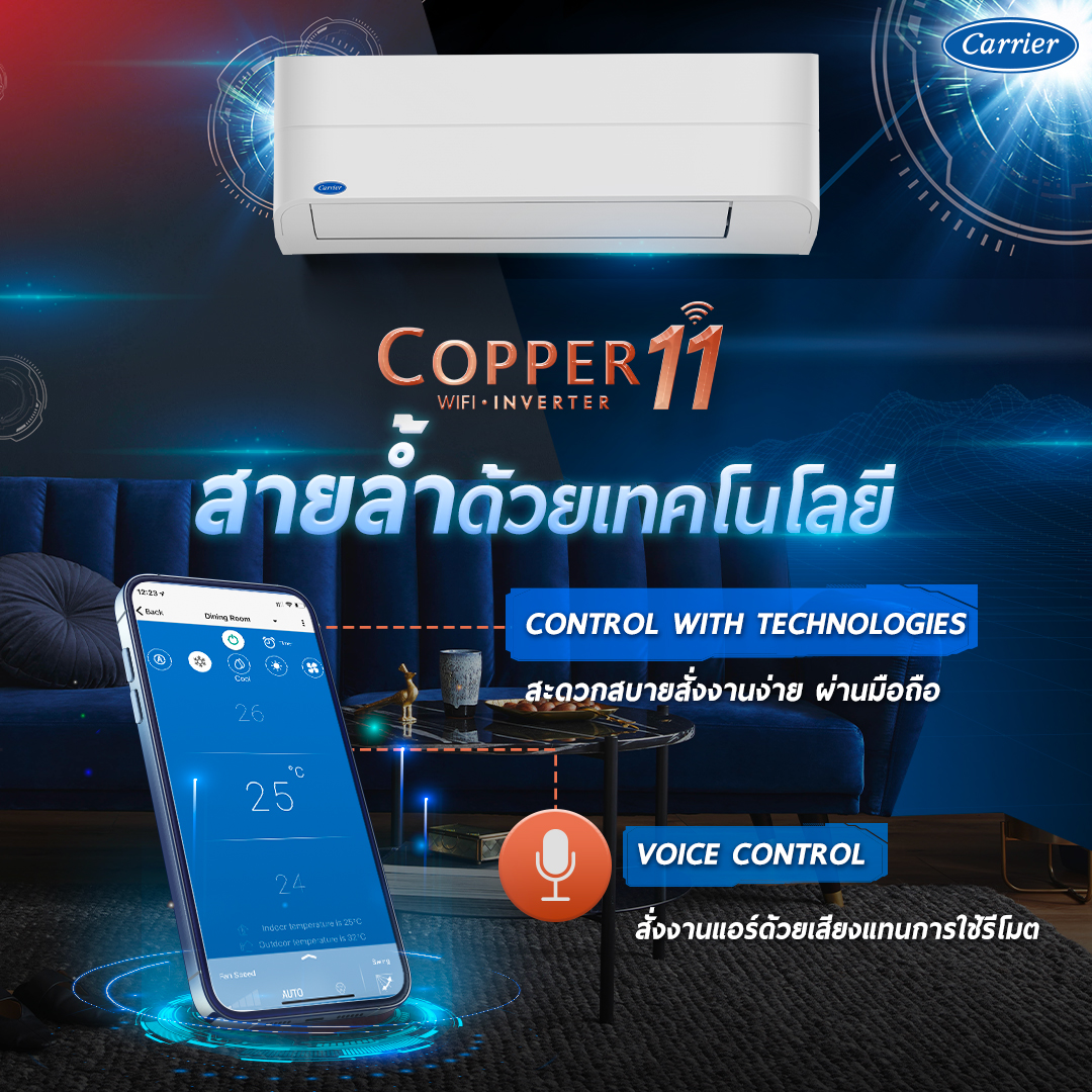 แอร์ CARRIER Copper11 Inverter Wifi รุ่น TVEA-A Series น้ำยา R32 รุ่นใหม่ล่าสุด ปี 2025 รับประกันอะไหล่ 5 ปี คอมเพลสเซอร์ 10 ปี